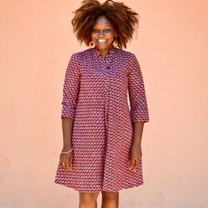 ZURI Batik Schooled Fish Print A-Line Dress Art To Wear Button Down Kenya XS